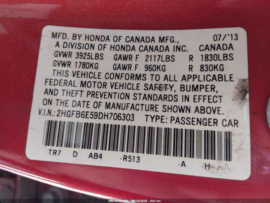 2HGFB6E59DH706303 2013 HONDA CIVIC photo no. 9