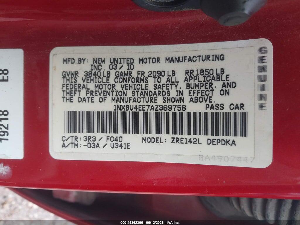 1NXBU4EE7AZ369758 2010 TOYOTA COROLLA photo no. 9