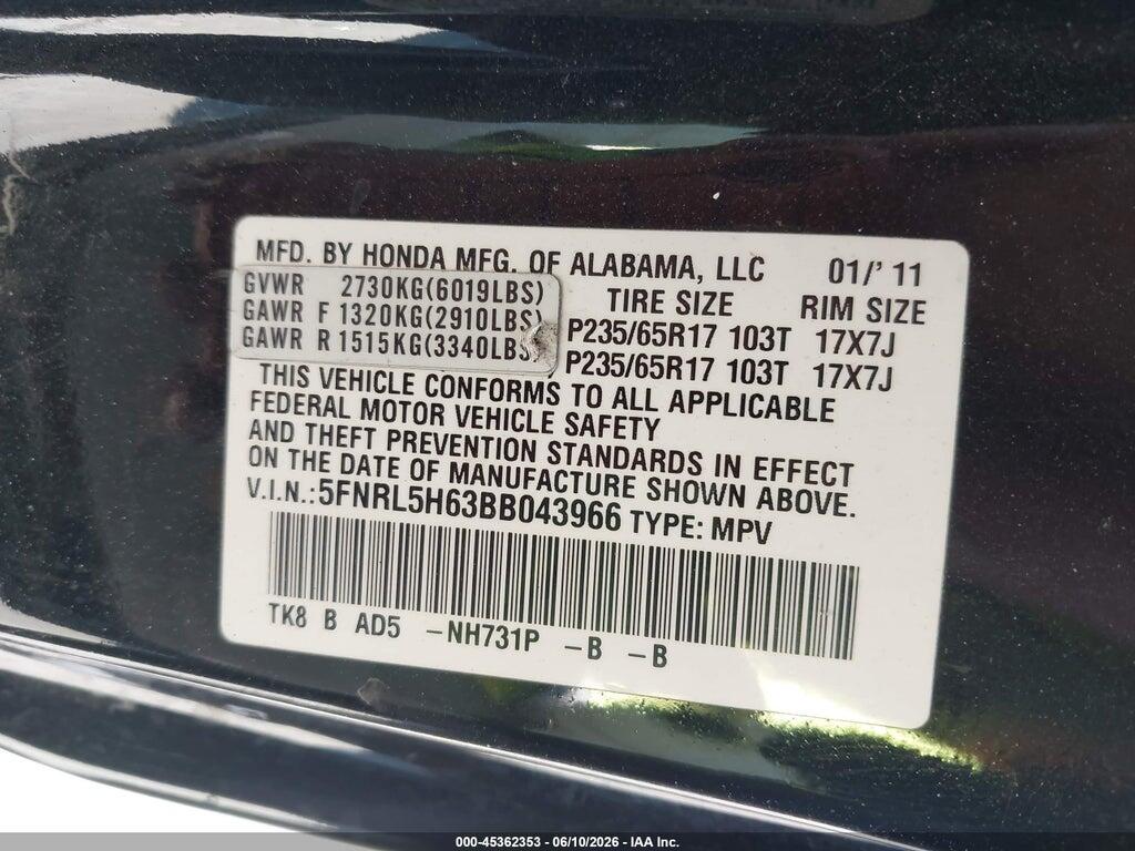 5FNRL5H63BB043966 2011 HONDA ODYSSEY photo no. 9