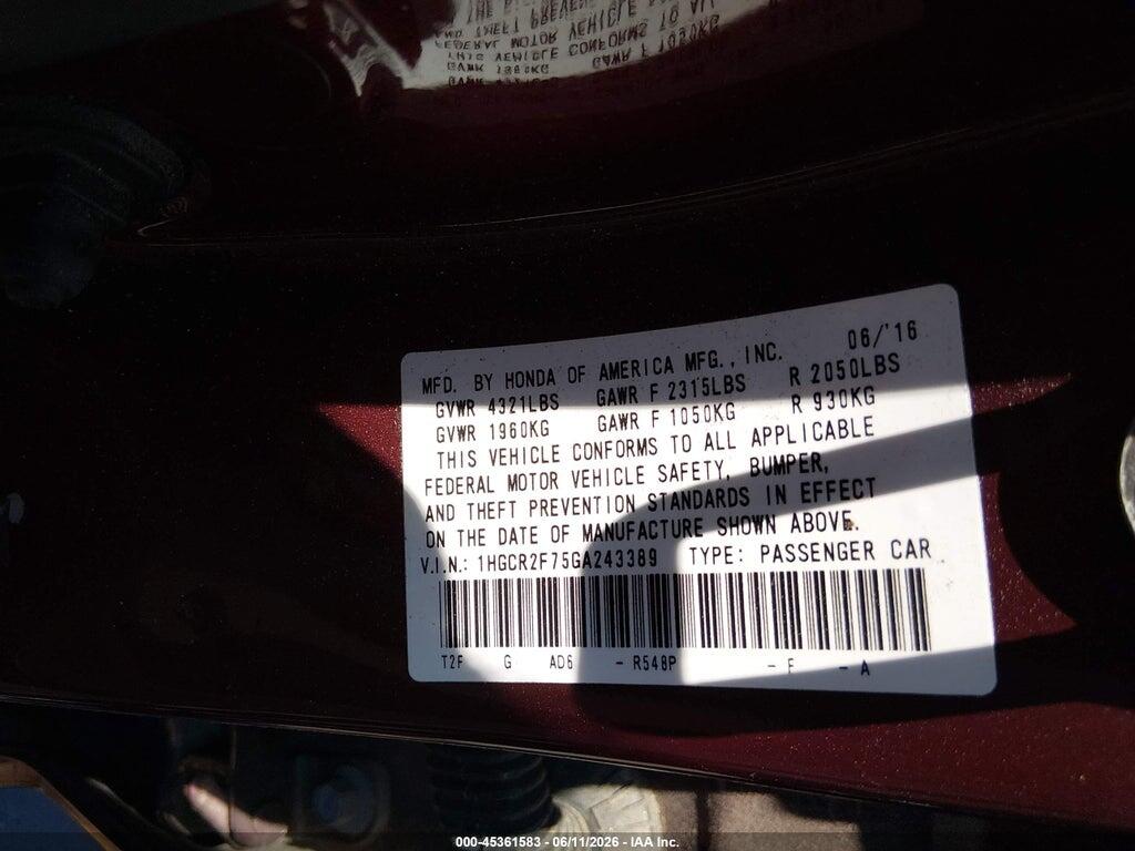 1HGCR2F75GA243389 2016 HONDA ACCORD photo no. 9