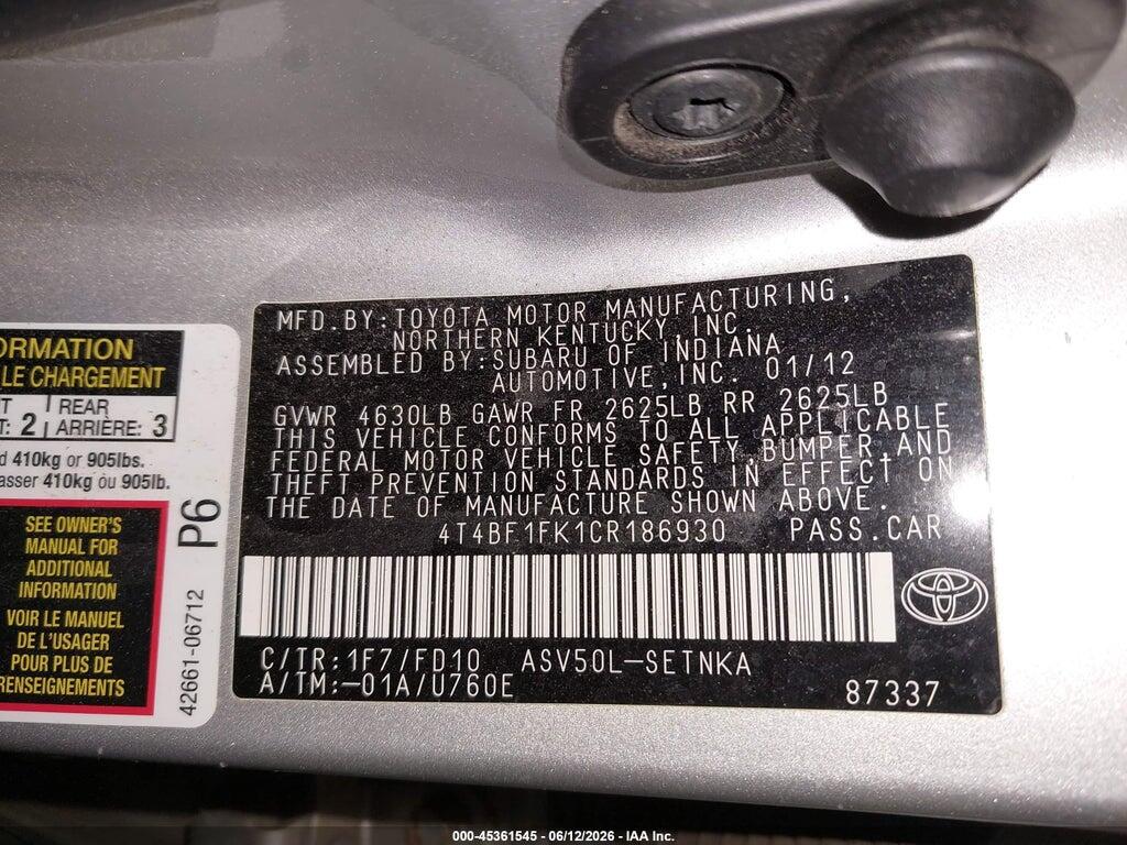 4T4BF1FK1CR186930 2012 TOYOTA CAMRY photo no. 9