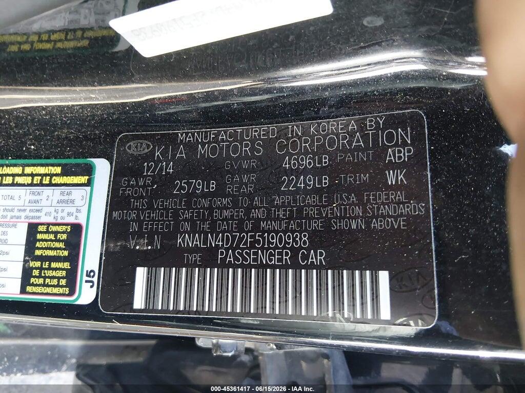 KNALN4D72F5190938 2015 KIA CADENZA photo no. 9