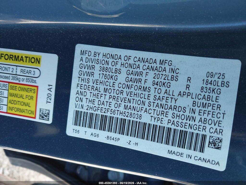 2HGFE2F56TH528038 2026 HONDA CIVIC photo no. 9