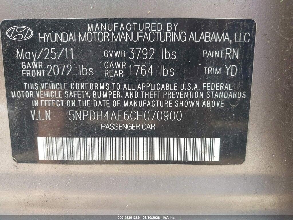 5NPDH4AE6CH070900 2012 HYUNDAI ELANTRA photo no. 9