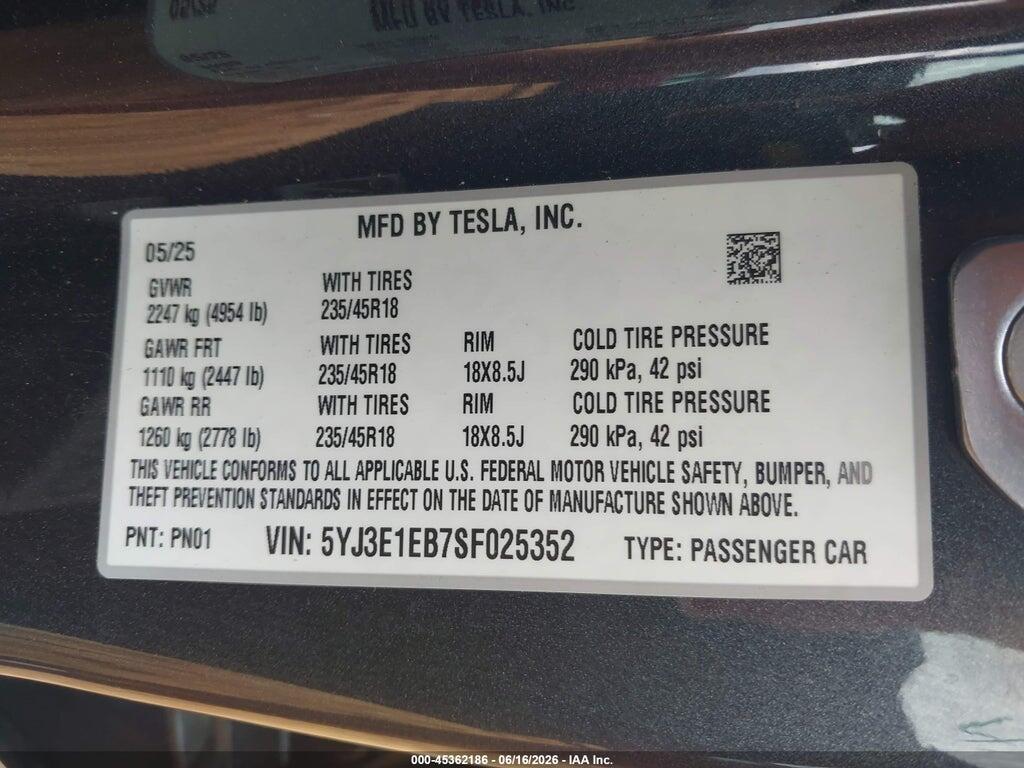 5YJ3E1EB7SF025352 2025 TESLA MODEL 3 photo no. 9