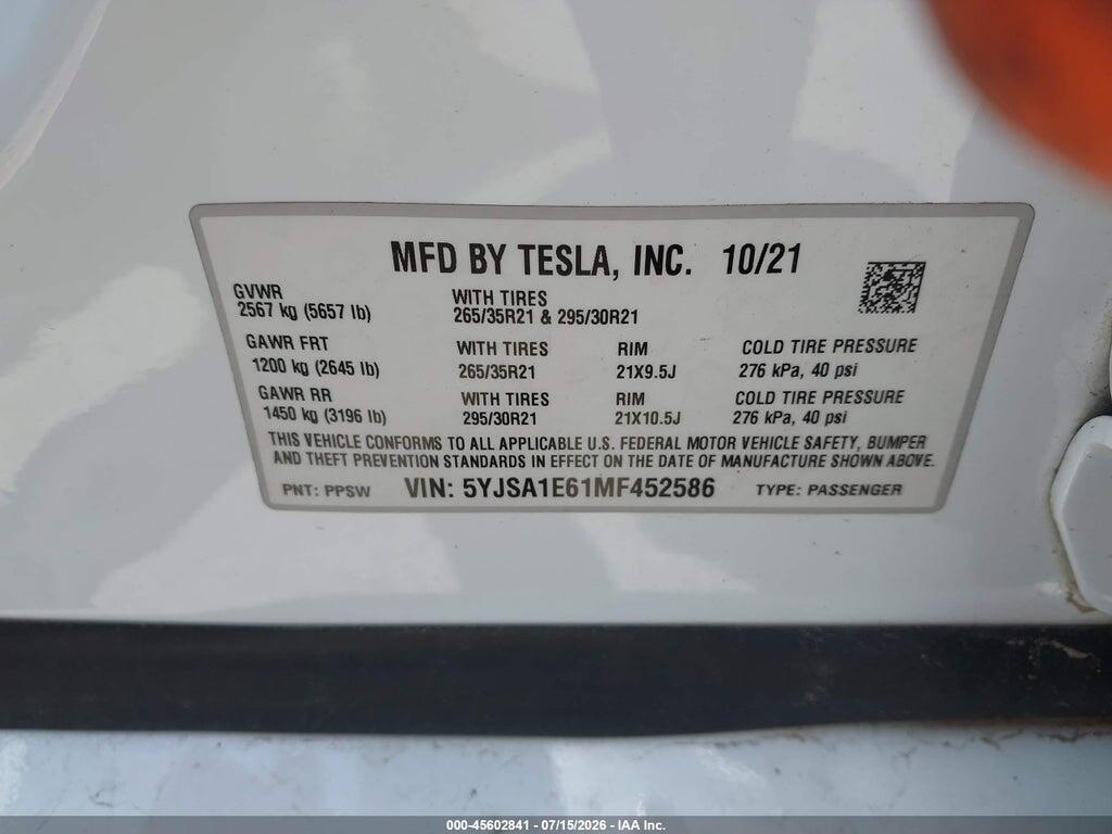 5YJSA1E61MF452586 2021 TESLA MODEL S photo no. 9