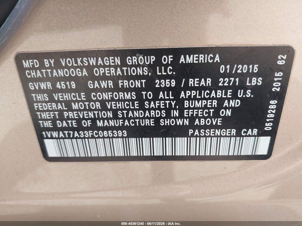 1VWAT7A33FC065393 2015 VOLKSWAGEN PASSAT photo no. 9