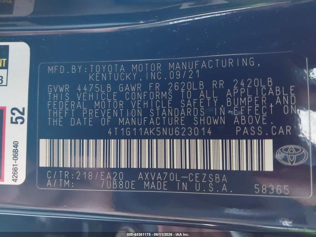4T1G11AK5NU623014 2022 TOYOTA CAMRY photo no. 9