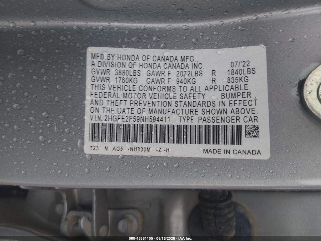 2HGFE2F59NH594411 2022 HONDA CIVIC photo no. 9