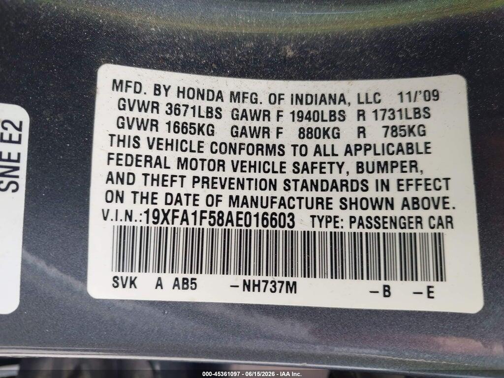 19XFA1F58AE016603 2010 HONDA CIVIC photo no. 9