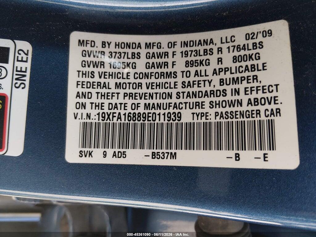19XFA16889E011939 2009 HONDA CIVIC photo no. 9