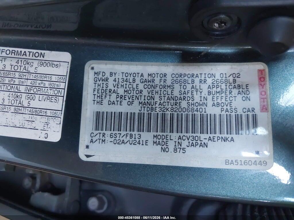 JTDBE32K820068401 2002 TOYOTA CAMRY photo no. 9