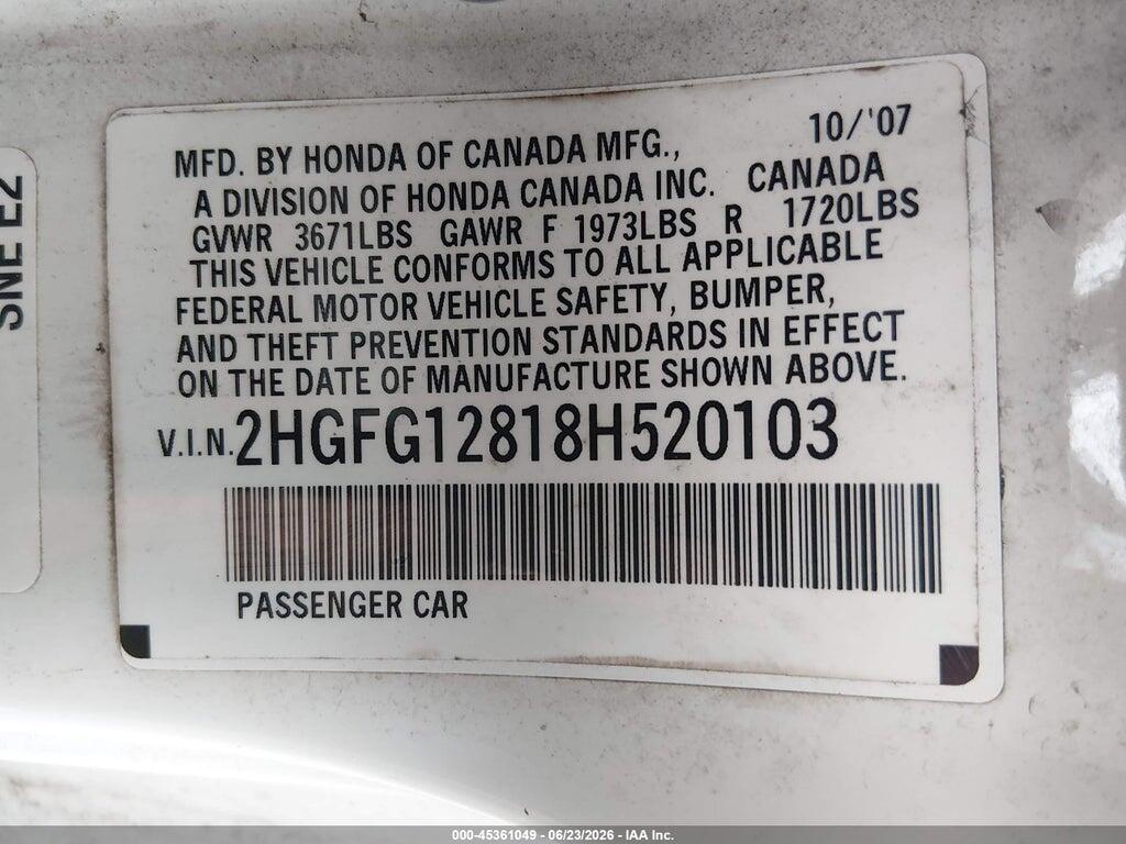 2HGFG12818H520103 2008 HONDA CIVIC photo no. 9