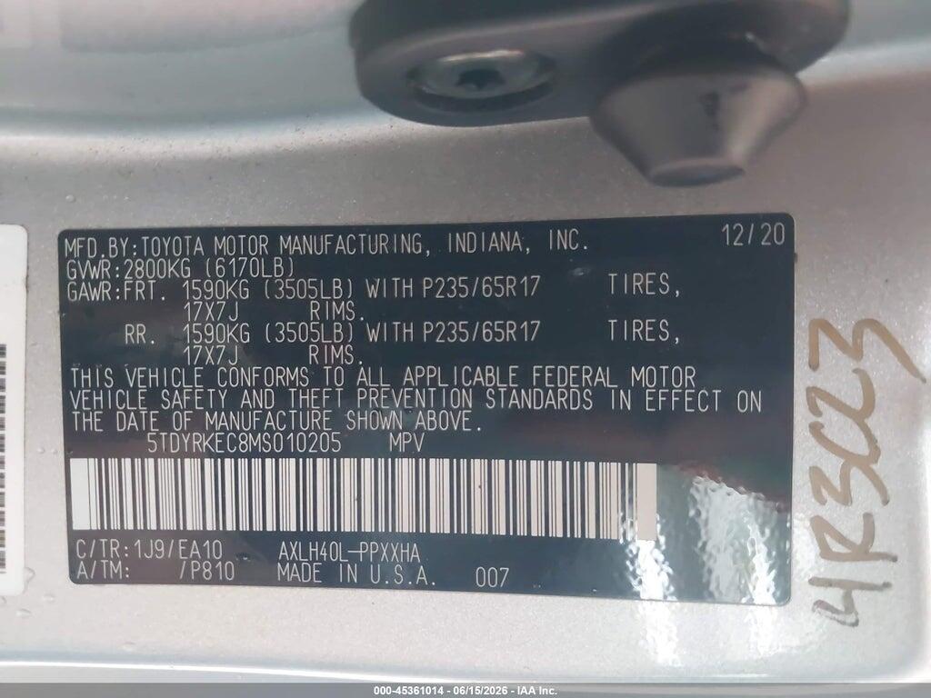 5TDYRKEC8MS010205 2021 TOYOTA SIENNA photo no. 9