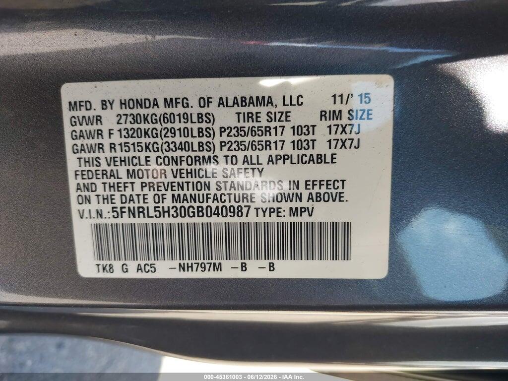5FNRL5H30GB040987 2016 HONDA ODYSSEY photo no. 9