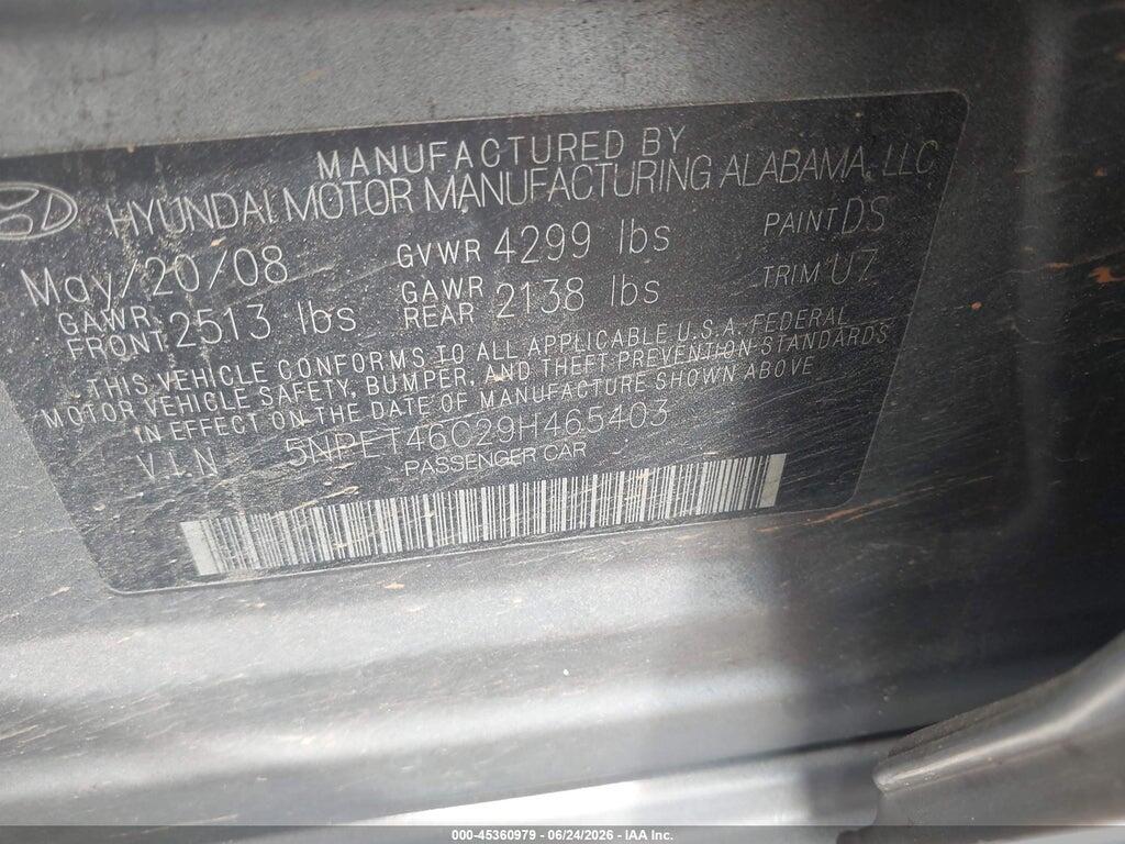 5NPET46C29H465403 2009 HYUNDAI SONATA photo no. 9
