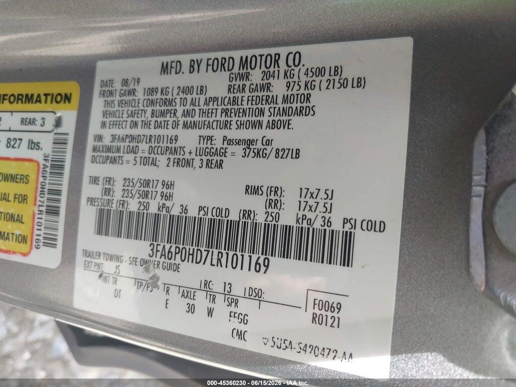 3FA6P0HD7LR101169 2020 FORD FUSION photo no. 9