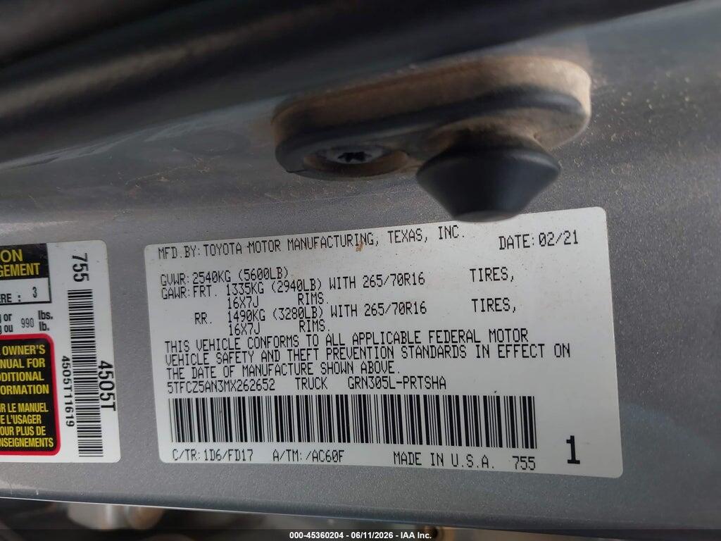5TFCZ5AN3MX262652 2021 TOYOTA TACOMA photo no. 9