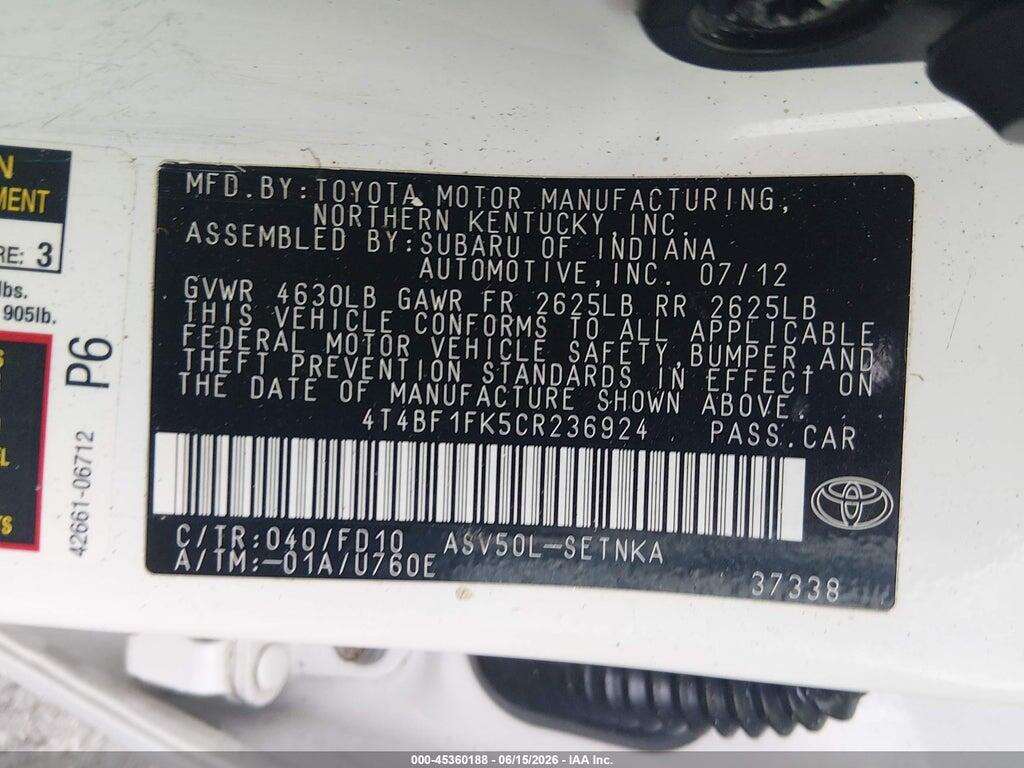4T4BF1FK5CR236924 2012 TOYOTA CAMRY photo no. 9
