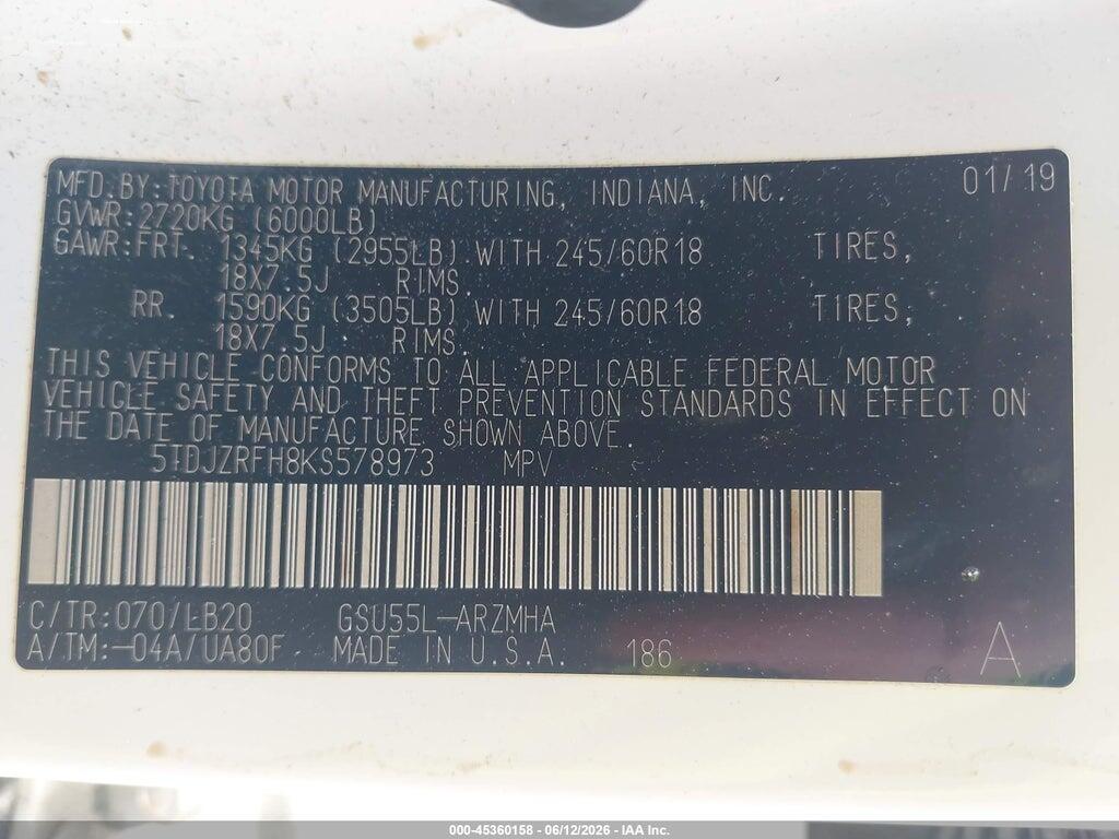 5TDJZRFH8KS578973 2019 TOYOTA HIGHLANDER photo no. 9