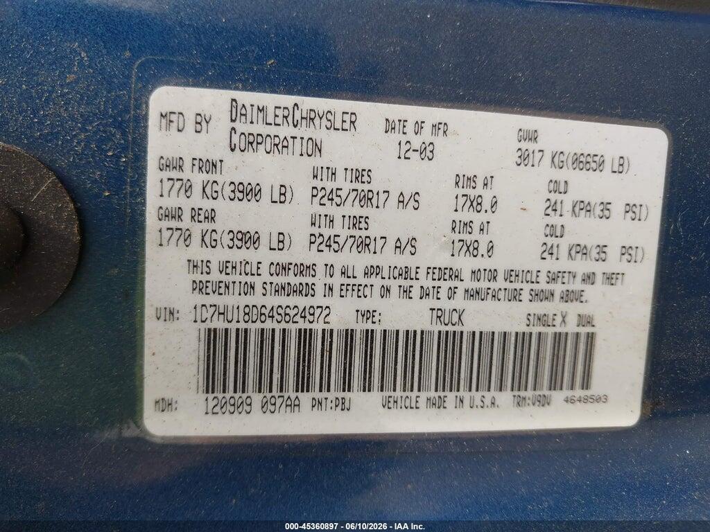 1D7HU18D64S624972 2004 DODGE RAM 1500 photo no. 9