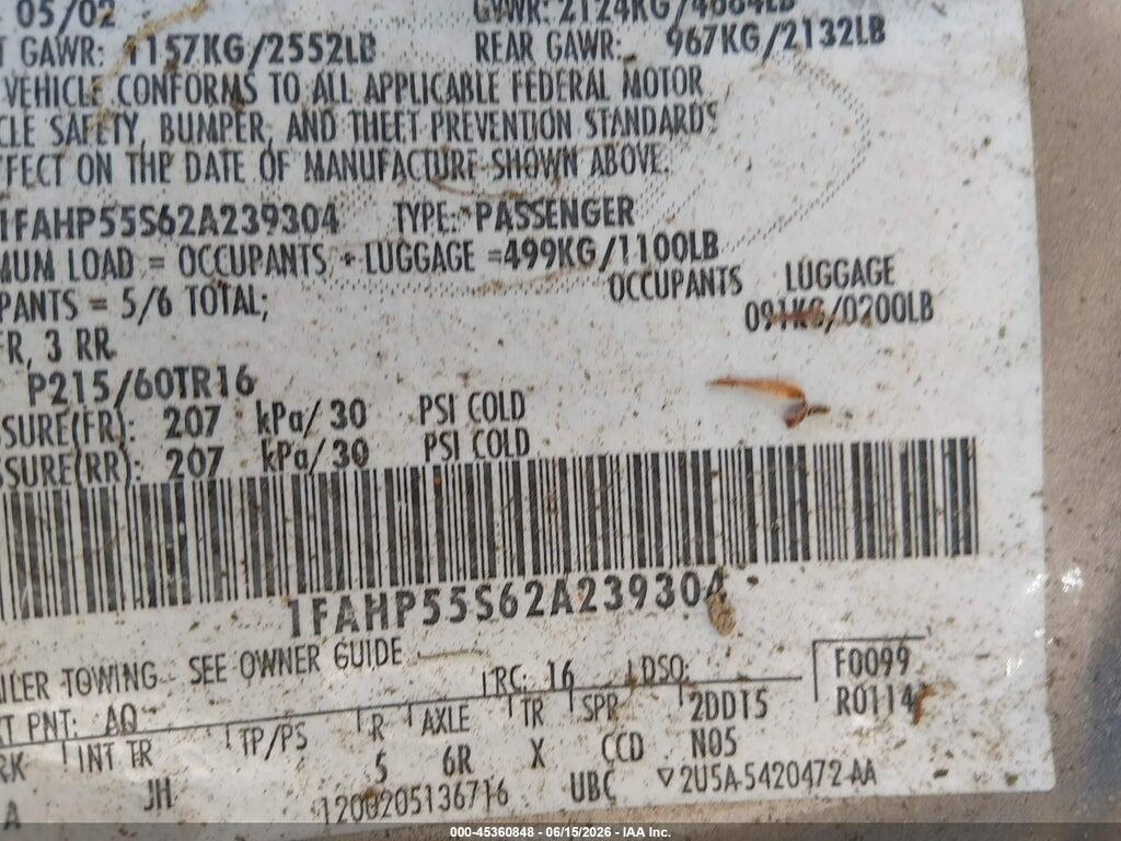1FAHP55S62A239304 2002 FORD TAURUS photo no. 9