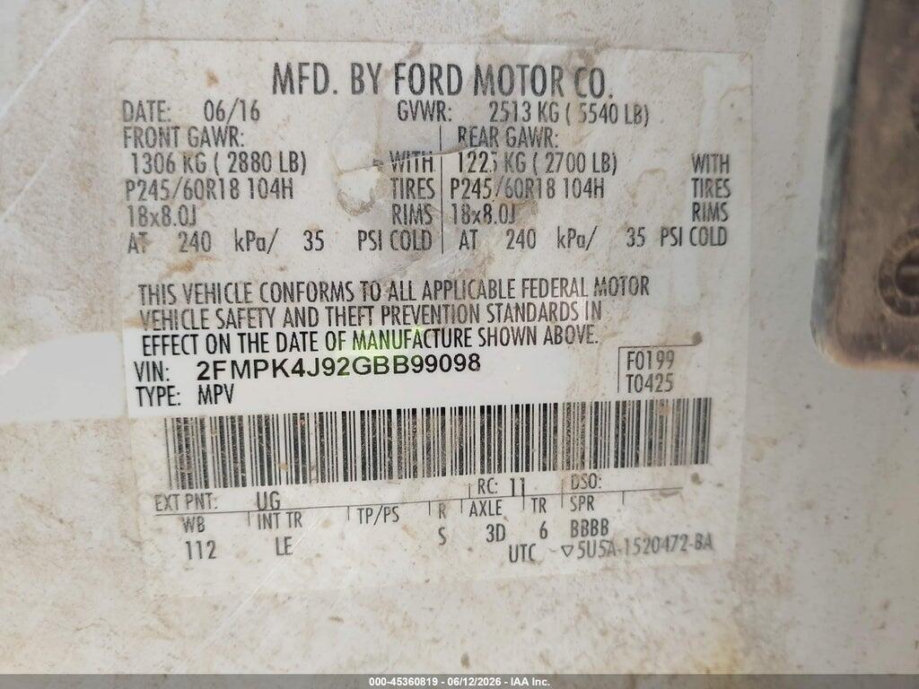 2FMPK4J92GBB99098 2016 FORD EDGE photo no. 9