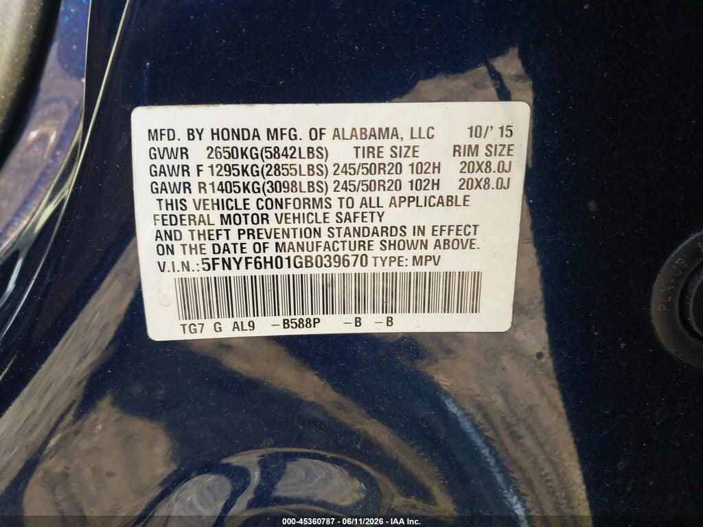 5FNYF6H01GB039670 2016 HONDA PILOT photo no. 9