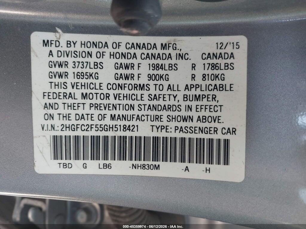 2HGFC2F55GH518421 2016 HONDA CIVIC photo no. 9
