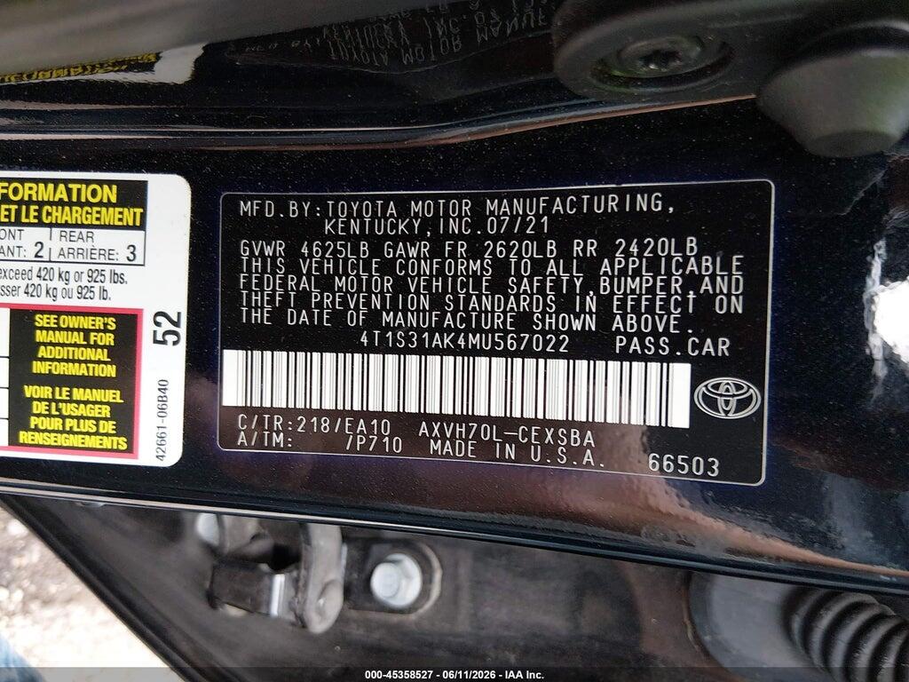 4T1S31AK4MU567022 2021 TOYOTA CAMRY photo no. 9