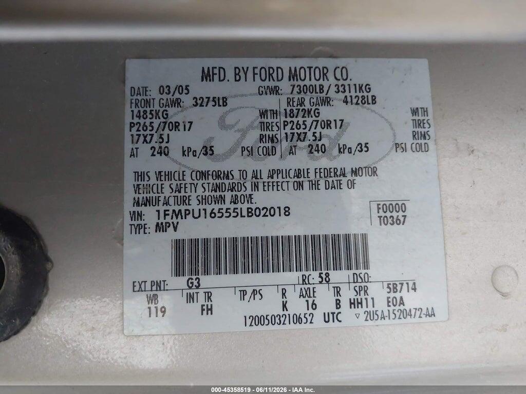 1FMPU16555LB02018 2005 FORD EXPEDITION photo no. 9