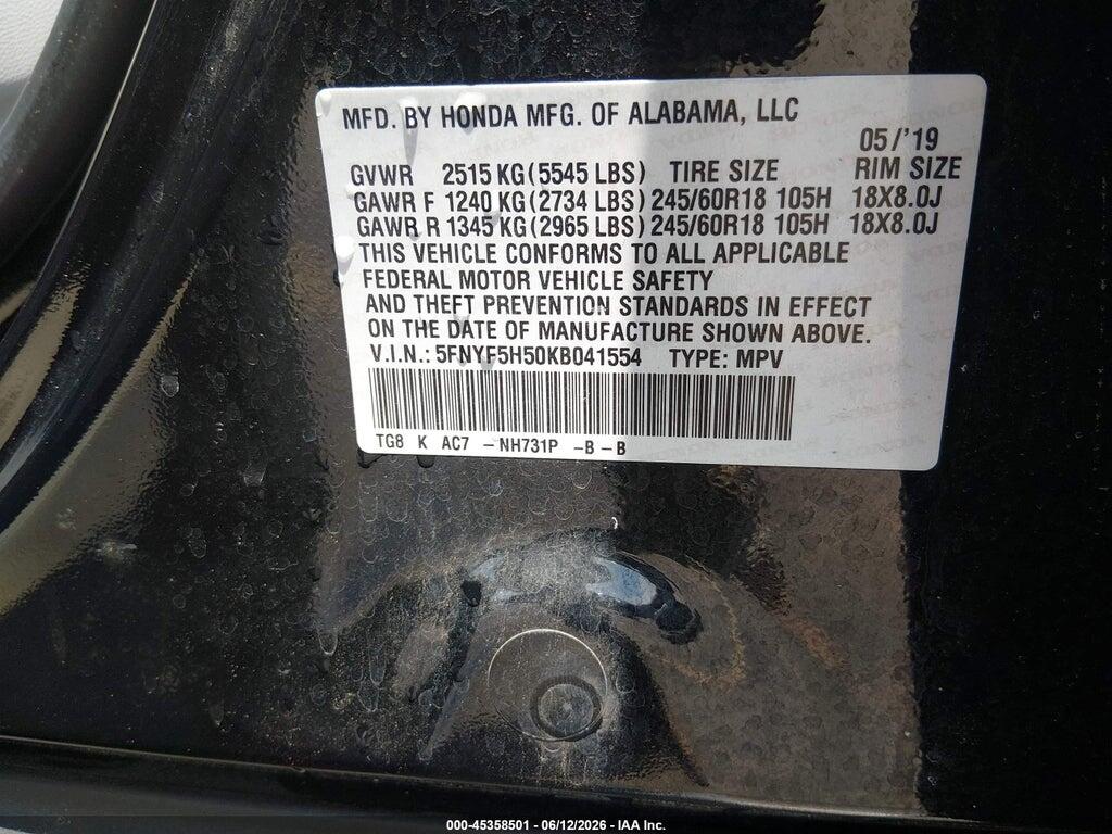 5FNYF5H50KB041554 2019 HONDA PILOT photo no. 9