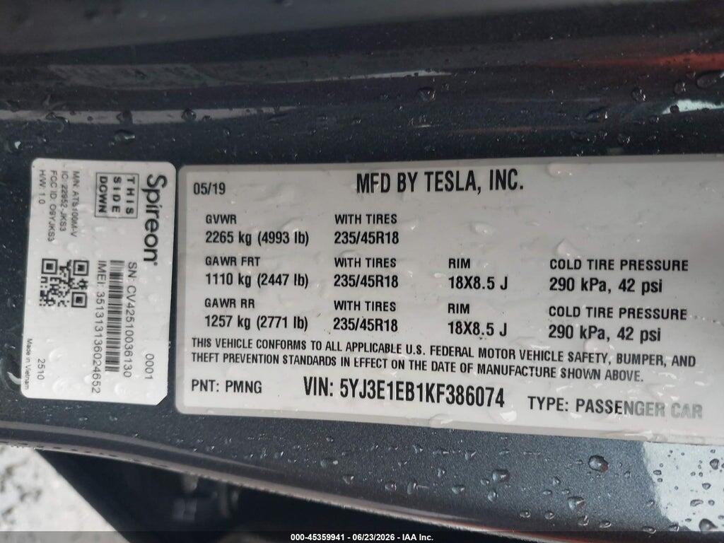5YJ3E1EB1KF386074 2019 TESLA MODEL 3 photo no. 9