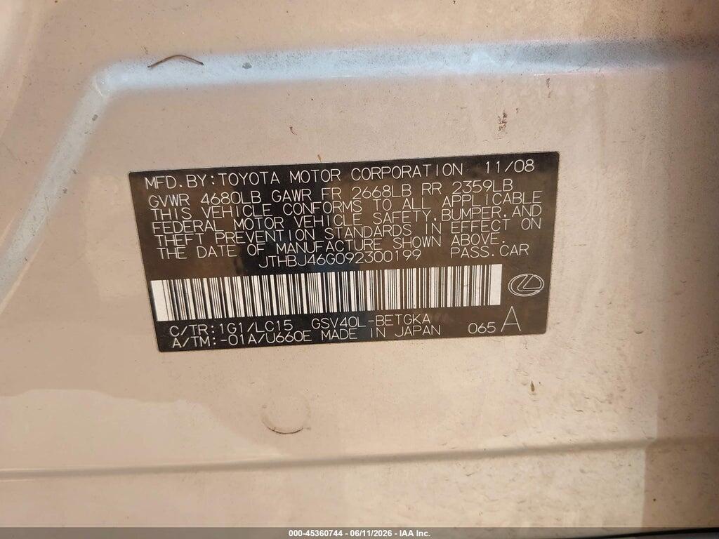 JTHBJ46G092300199 2009 LEXUS ES 350 photo no. 9
