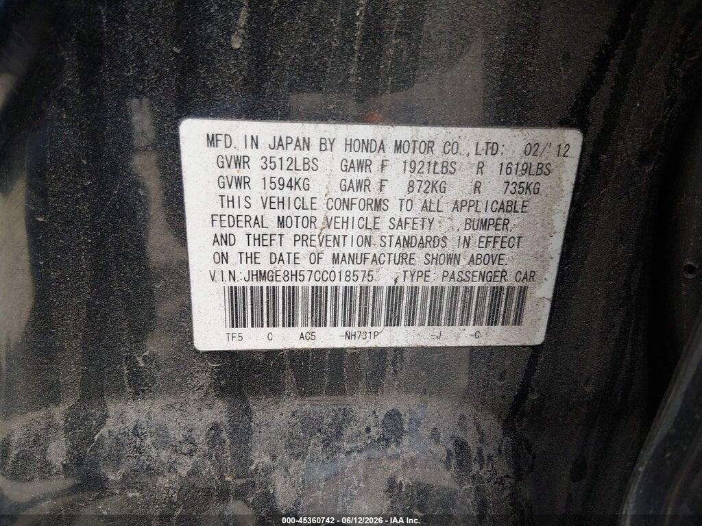 JHMGE8H57CC018575 2012 HONDA FIT photo no. 9