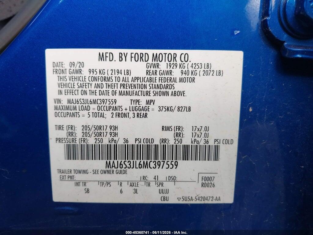 MAJ6S3JL6MC397559 2021 FORD ECOSPORT photo no. 9