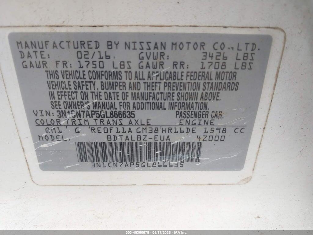 3N1CN7AP5GL866635 2016 NISSAN VERSA photo no. 9