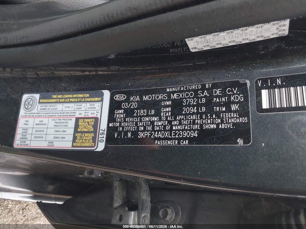 3KPF24ADXLE239094 2020 KIA FORTE photo no. 9
