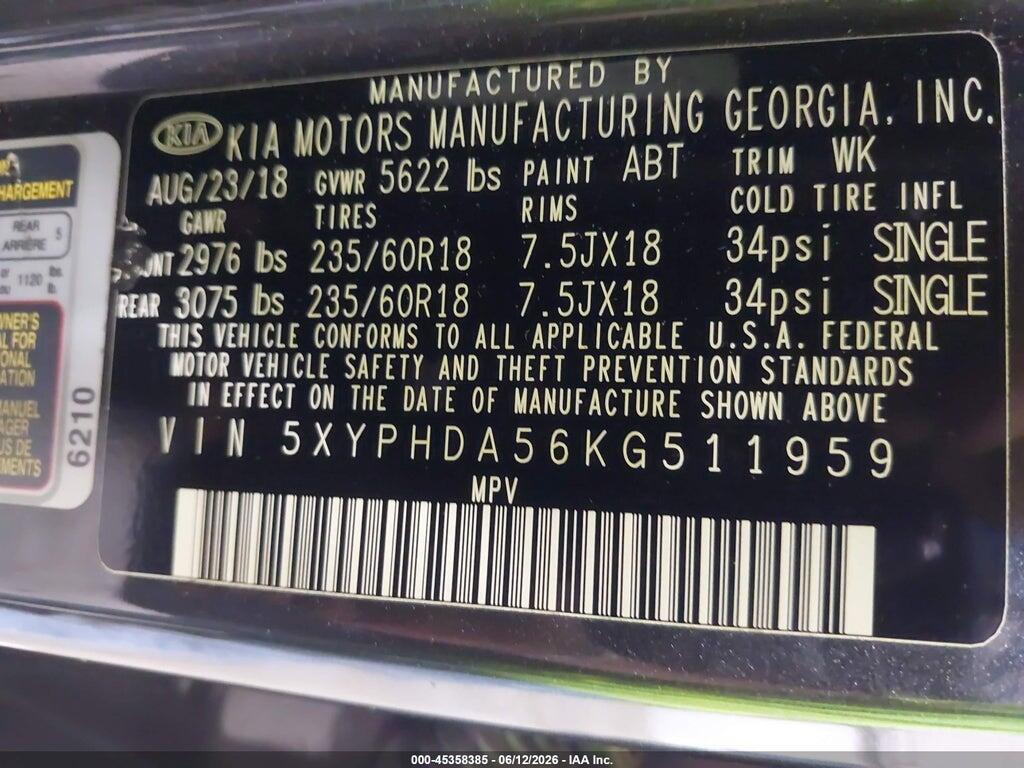 5XYPHDA56KG511959 2019 KIA SORENTO photo no. 9