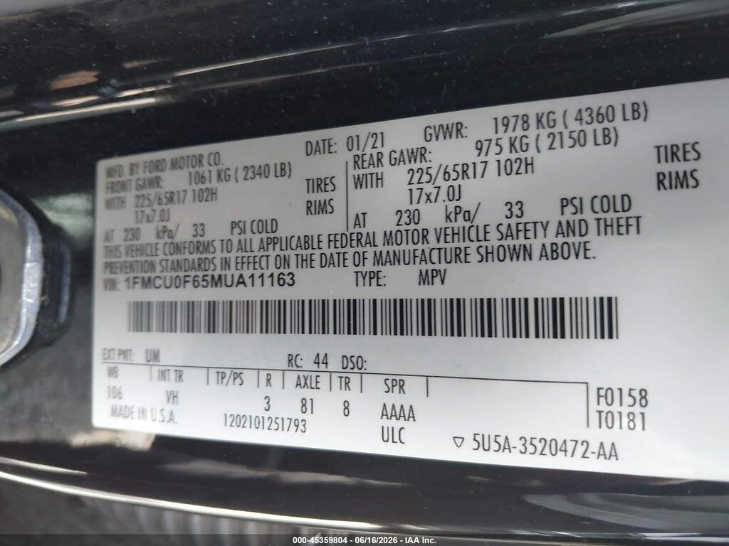 1FMCU0F65MUA11163 2021 FORD ESCAPE photo no. 9
