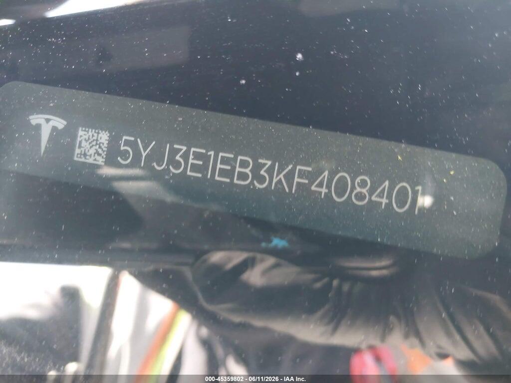 5YJ3E1EB3KF408401 2019 TESLA MODEL 3 photo no. 9
