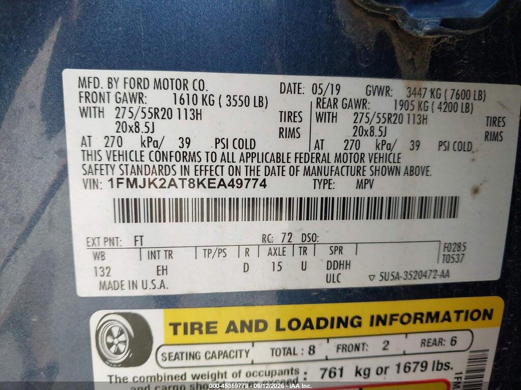 1FMJK2AT8KEA49774 2019 FORD EXPEDITION MAX photo no. 9