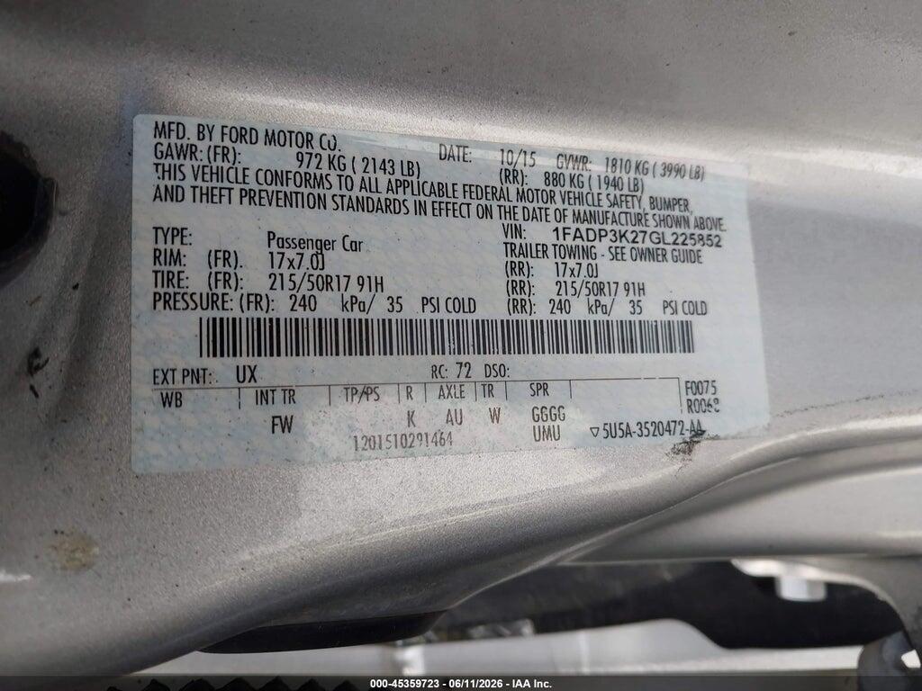 1FADP3K27GL225852 2016 FORD FOCUS photo no. 9