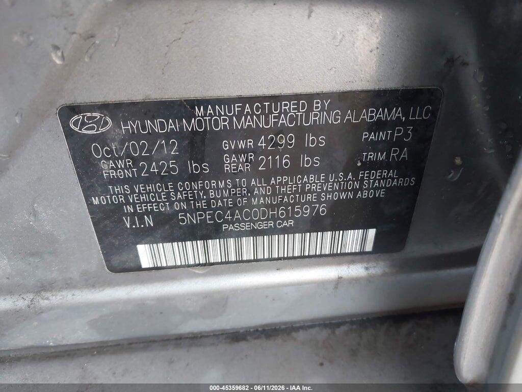 5NPEC4AC0DH615976 2013 HYUNDAI SONATA photo no. 9