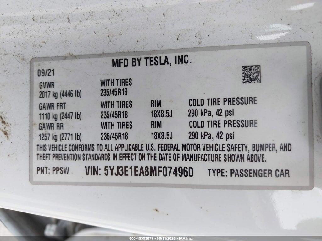 5YJ3E1EA8MF074960 2021 TESLA MODEL 3 photo no. 9