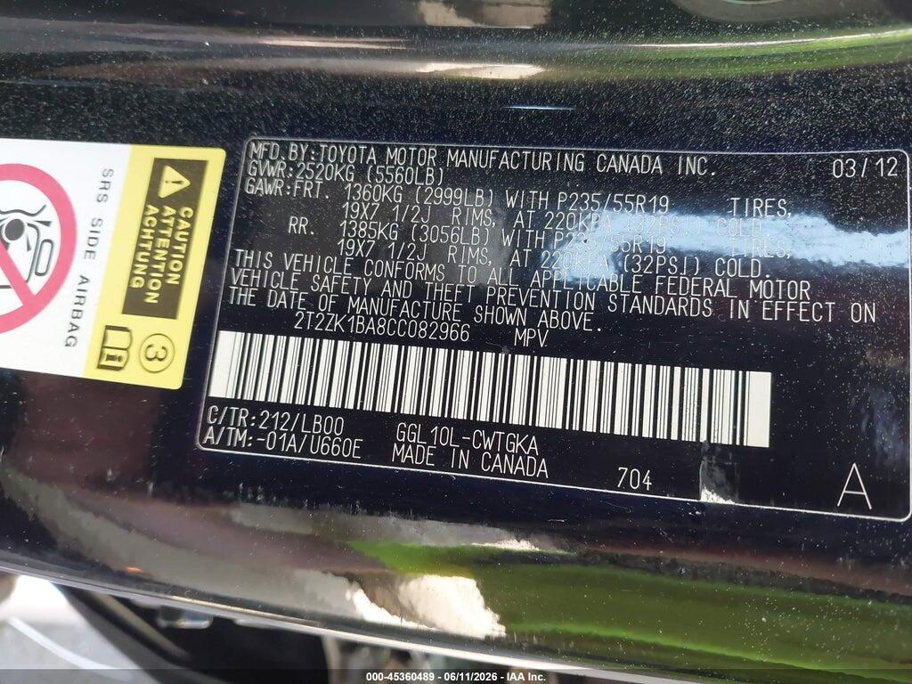 2T2ZK1BA8CC082966 2012 LEXUS RX 350 photo no. 9