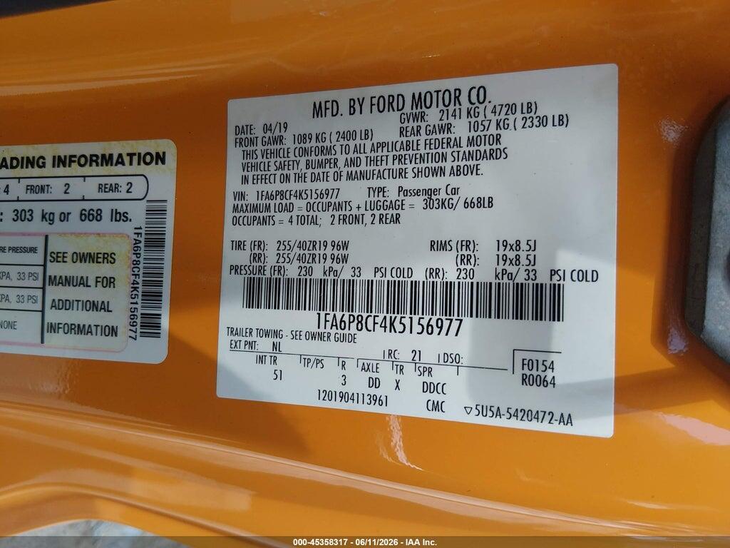 1FA6P8CF4K5156977 2019 FORD MUSTANG photo no. 9