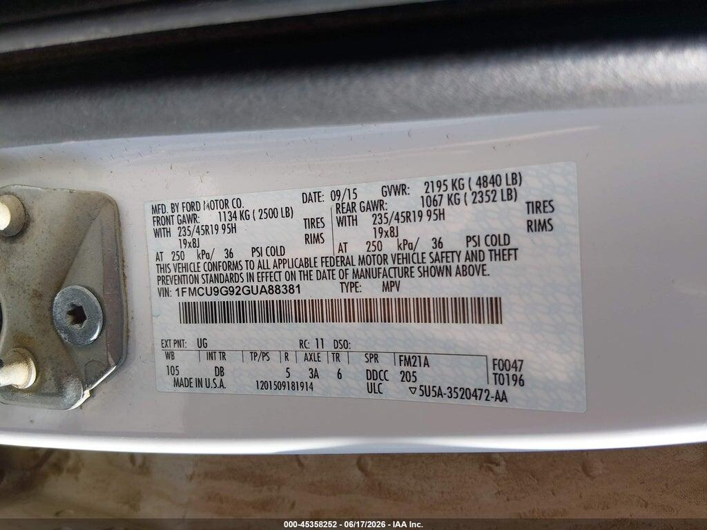 1FMCU9G92GUA88381 2016 FORD ESCAPE photo no. 9