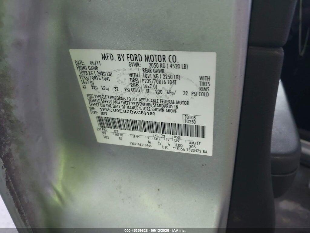 1FMCU0EGXBKC69150 2011 FORD ESCAPE photo no. 9