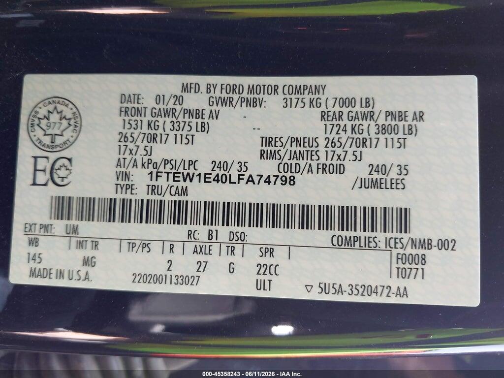 1FTEW1E40LFA74798 2020 FORD F-150 photo no. 9